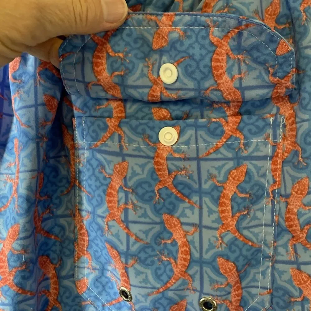 Peter Millar Men's Blue Orange All-Over Lizard Print Swim Shorts Size XL